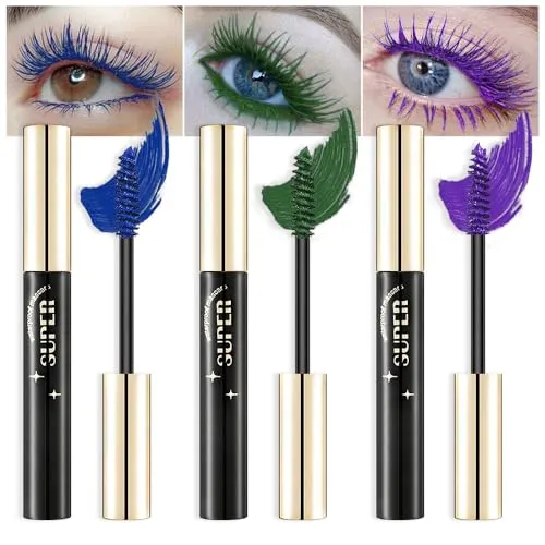 3 Color Colored Mascara Set,Green Blue Purple Mascara Colorful Long Lasting Waterproof Hyperallergenic Mascara for Eyelashes,Purple Blue Gre