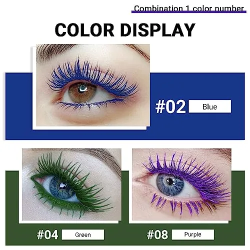 3 Color Colored Mascara Set,Green Blue Purple Mascara Colorful Long Lasting Waterproof Hyperallergenic Mascara for Eyelashes,Purple Blue Gre