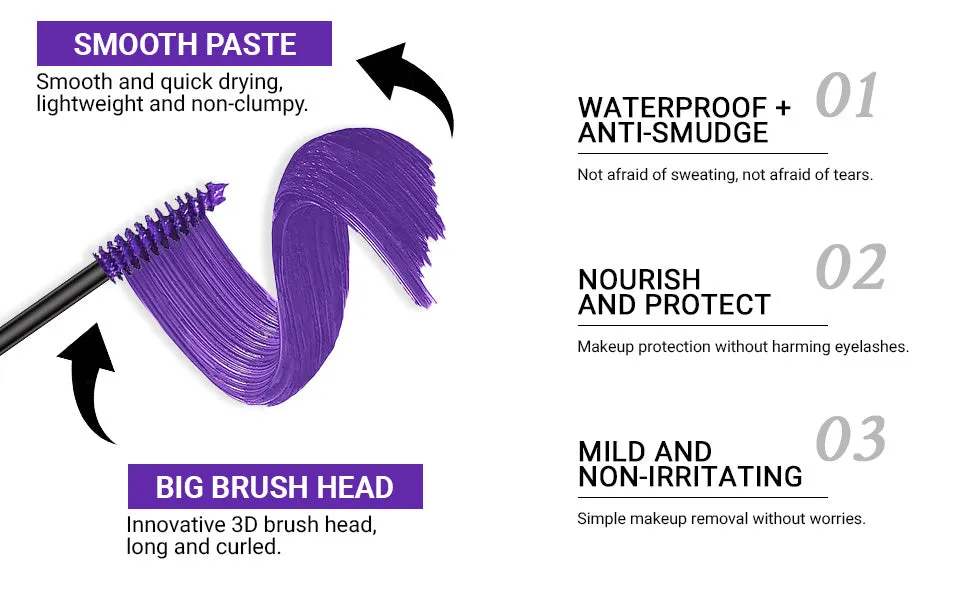 3 Color Colored Mascara Set,Green Blue Purple Mascara Colorful Long Lasting Waterproof Hyperallergenic Mascara for Eyelashes,Purple Blue Gre